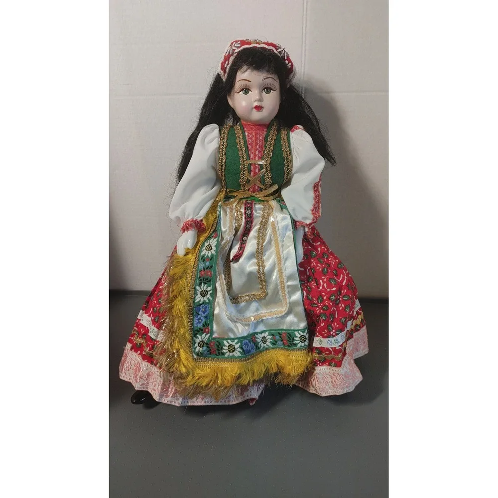 Porcelain Doll Folk Art 16in Red Great Traditional Costume Seated